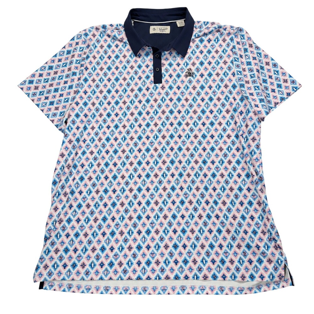 Original Penguin Polo Shirt Mens XXL Cocktail Print Blue Pink Performance Golf
